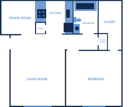 Floor plan for 1 bed, 1 bath, 615 sqft